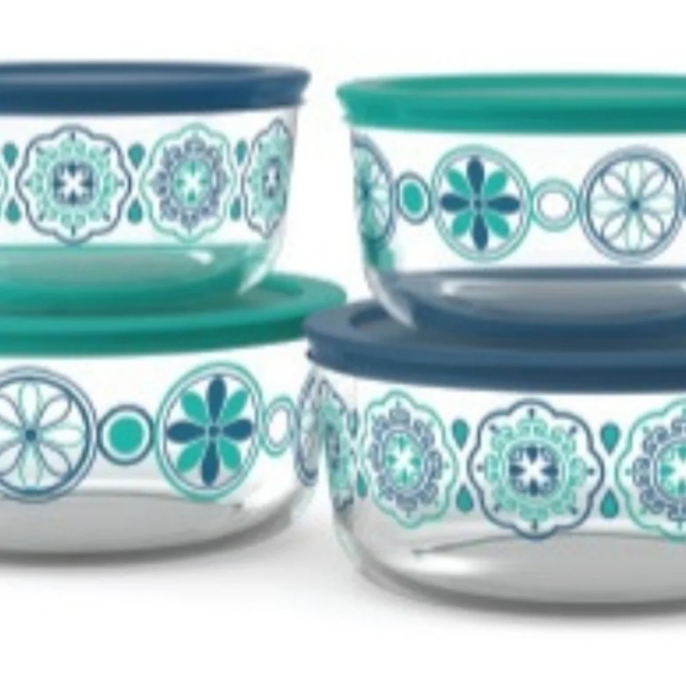 Pyrex Simply Store Decorated Glass Storage Containers Medallion 4 pcs MCM Retro